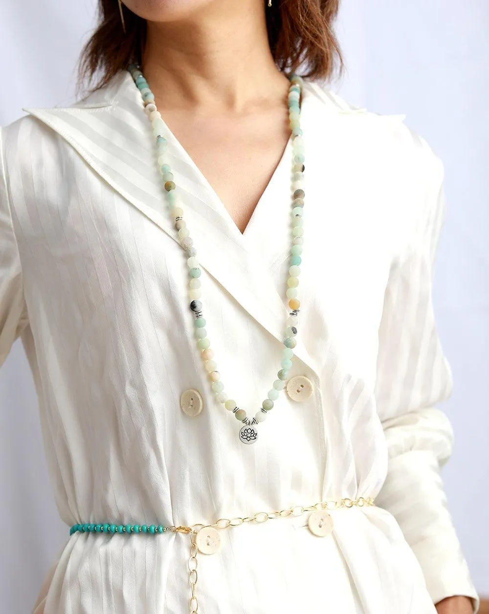 'Lotus Charm' & Amazonite Beads Necklace