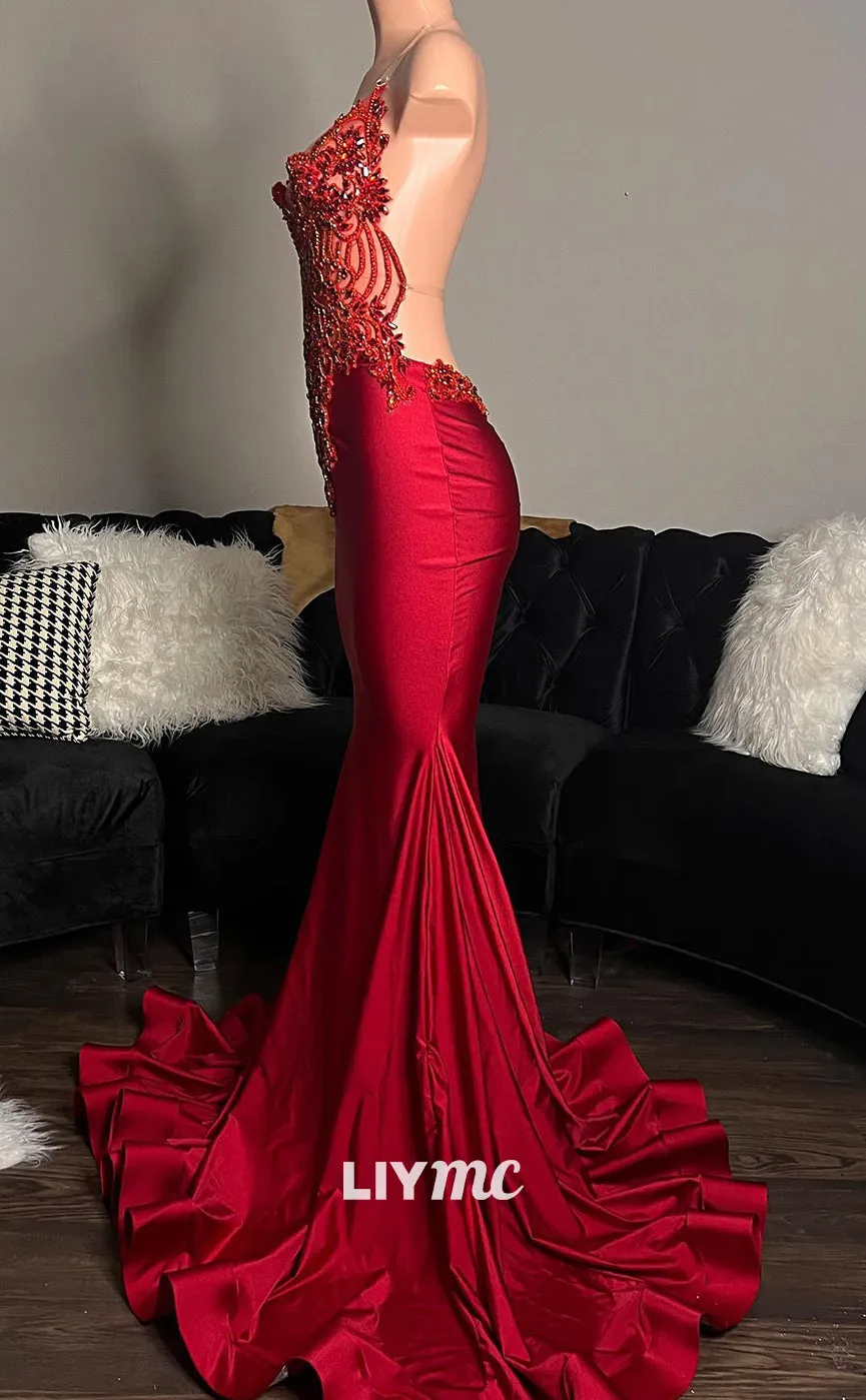 LP1423 - Halter V-Neck Open Back Appliques Beaded Pleated Satin Mermaid Prom Dress for Black Girls Slay