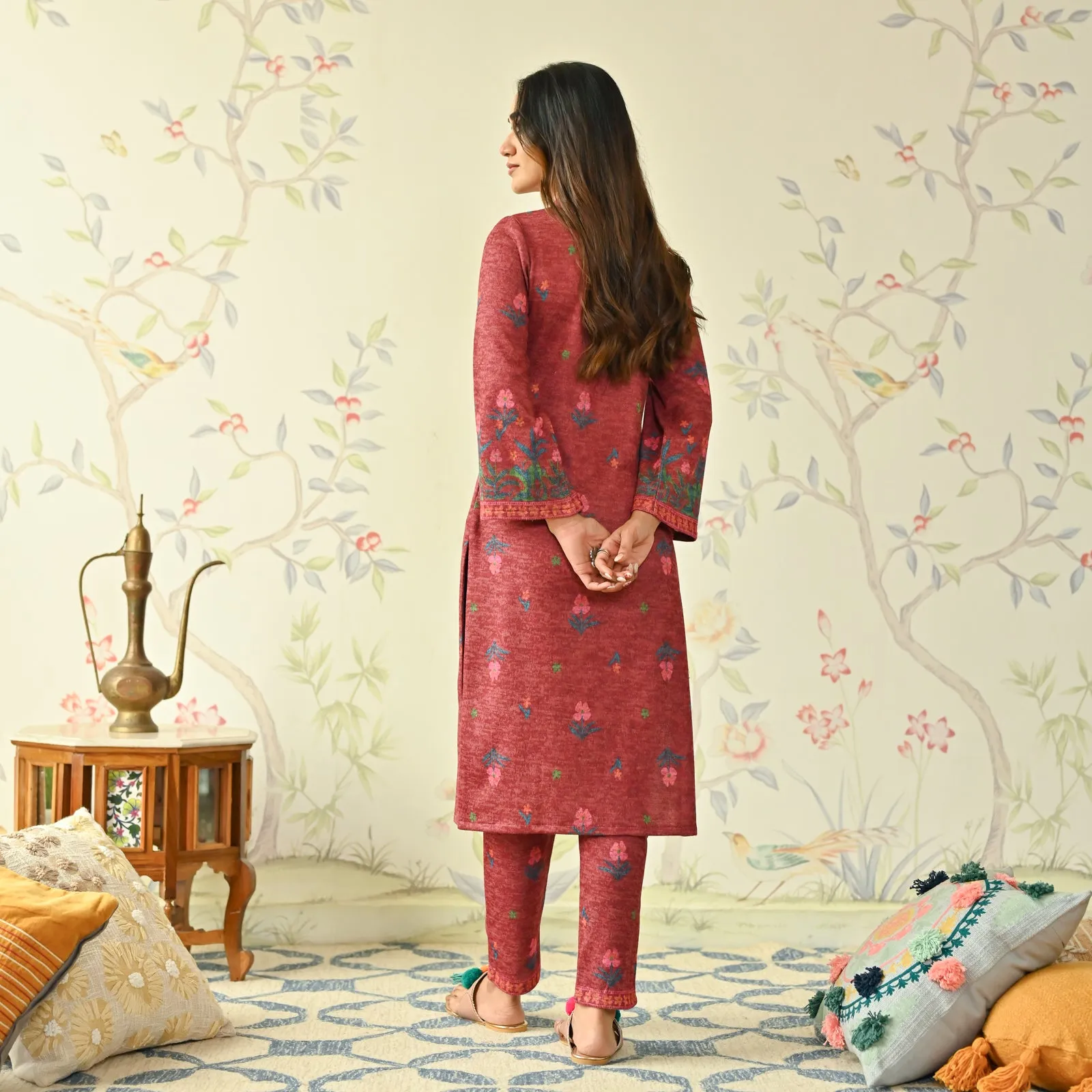 Maroon Floral Woollen Kurta Set with Bell Sleeves