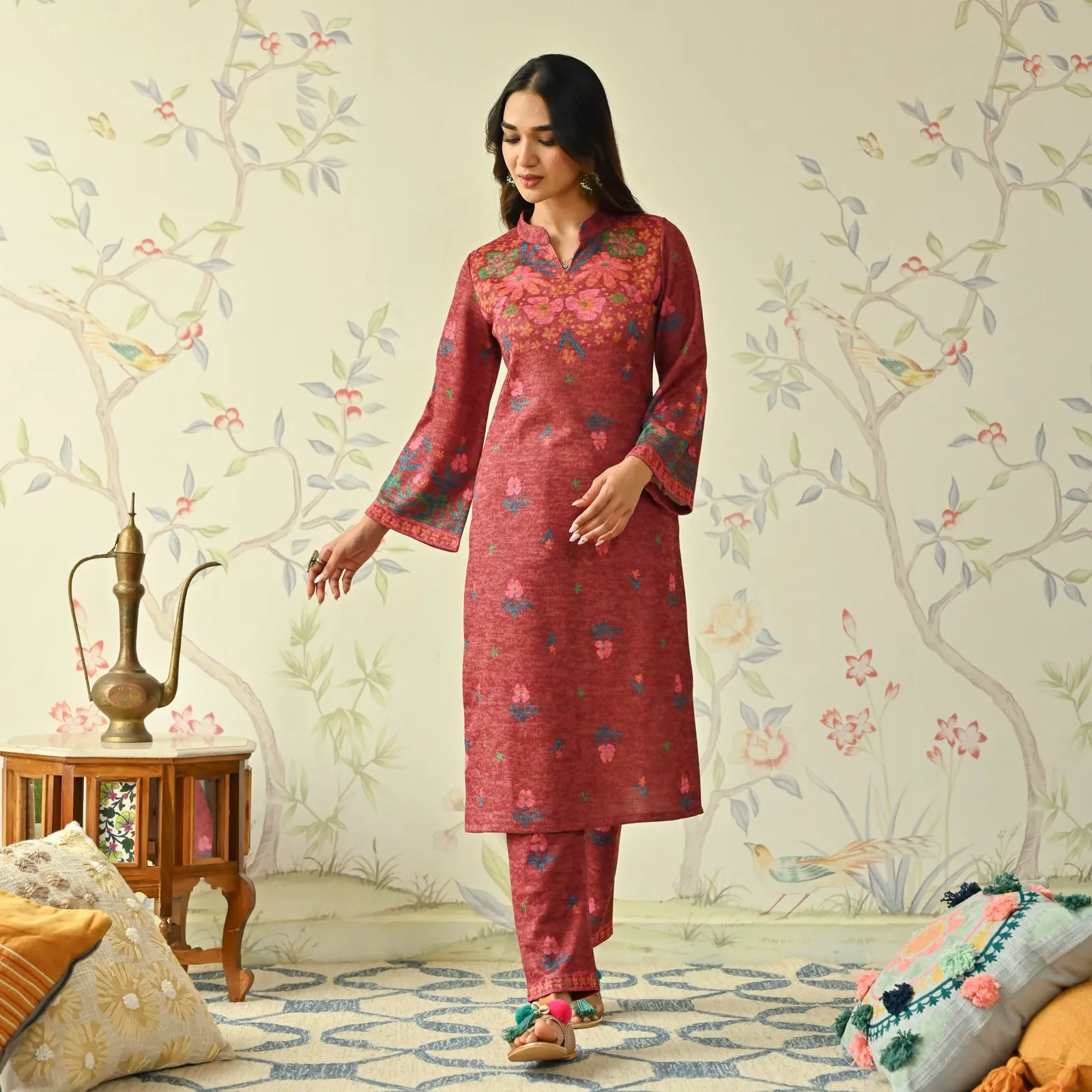 Maroon Floral Woollen Kurta Set with Bell Sleeves