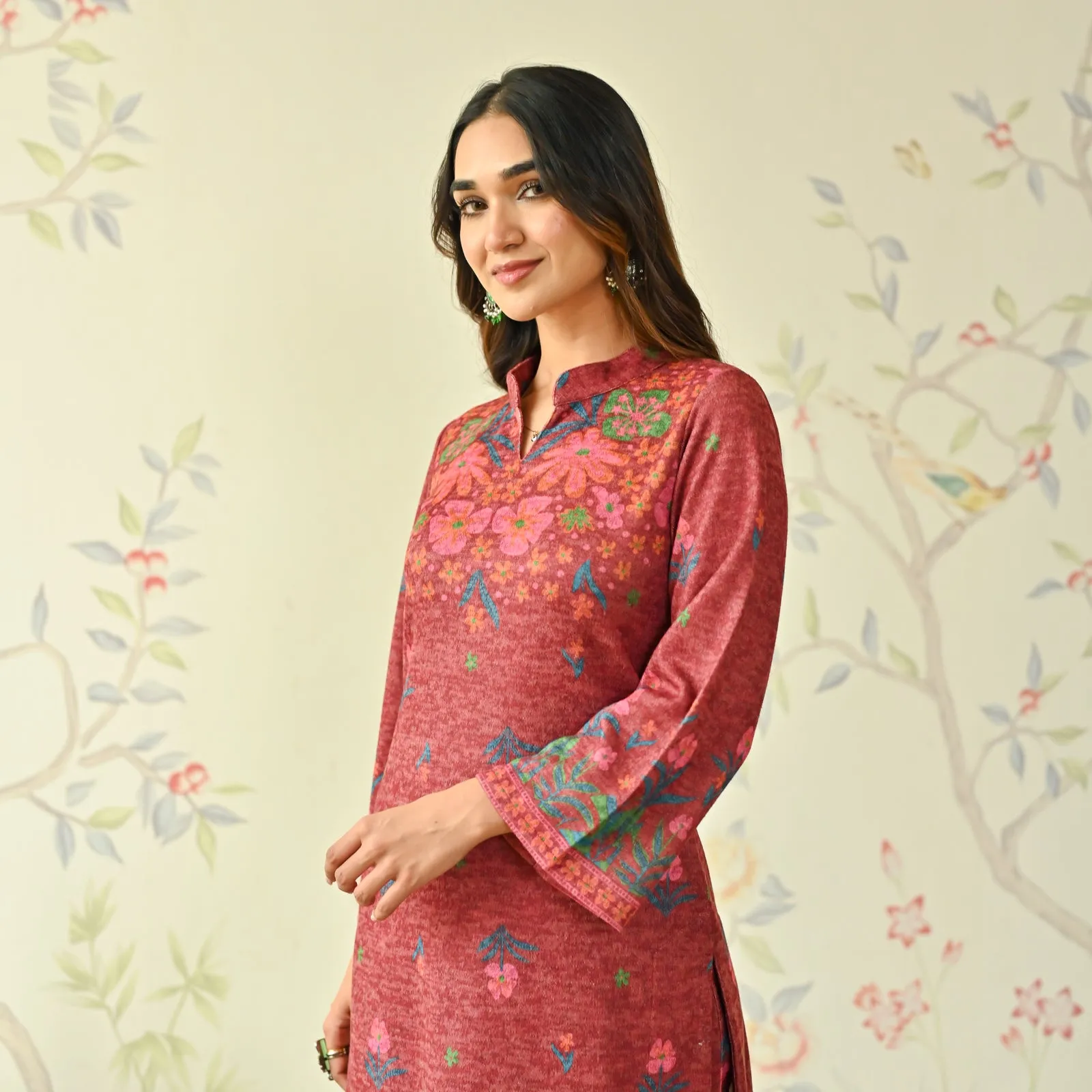 Maroon Floral Woollen Kurta Set with Bell Sleeves