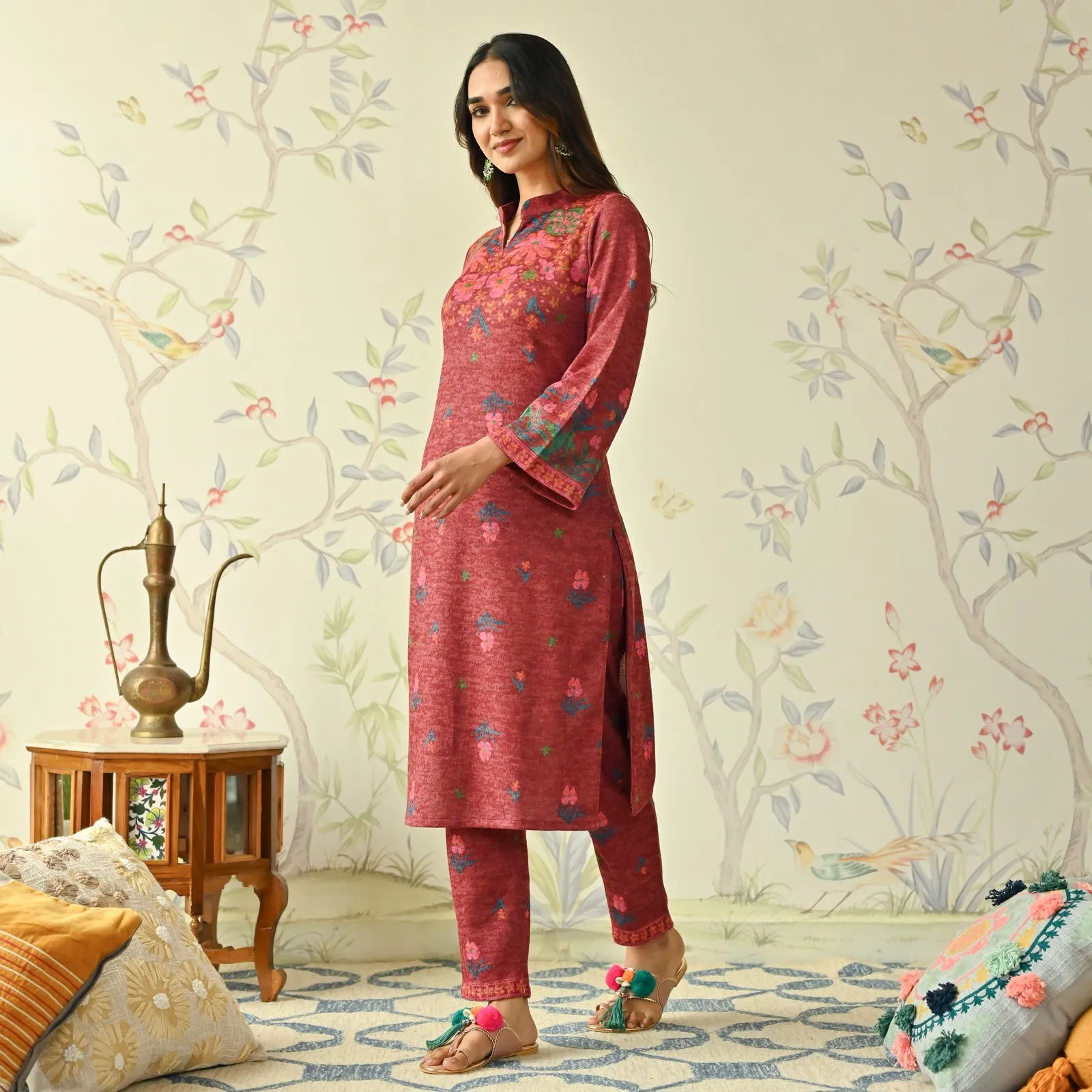 Maroon Floral Woollen Kurta Set with Bell Sleeves