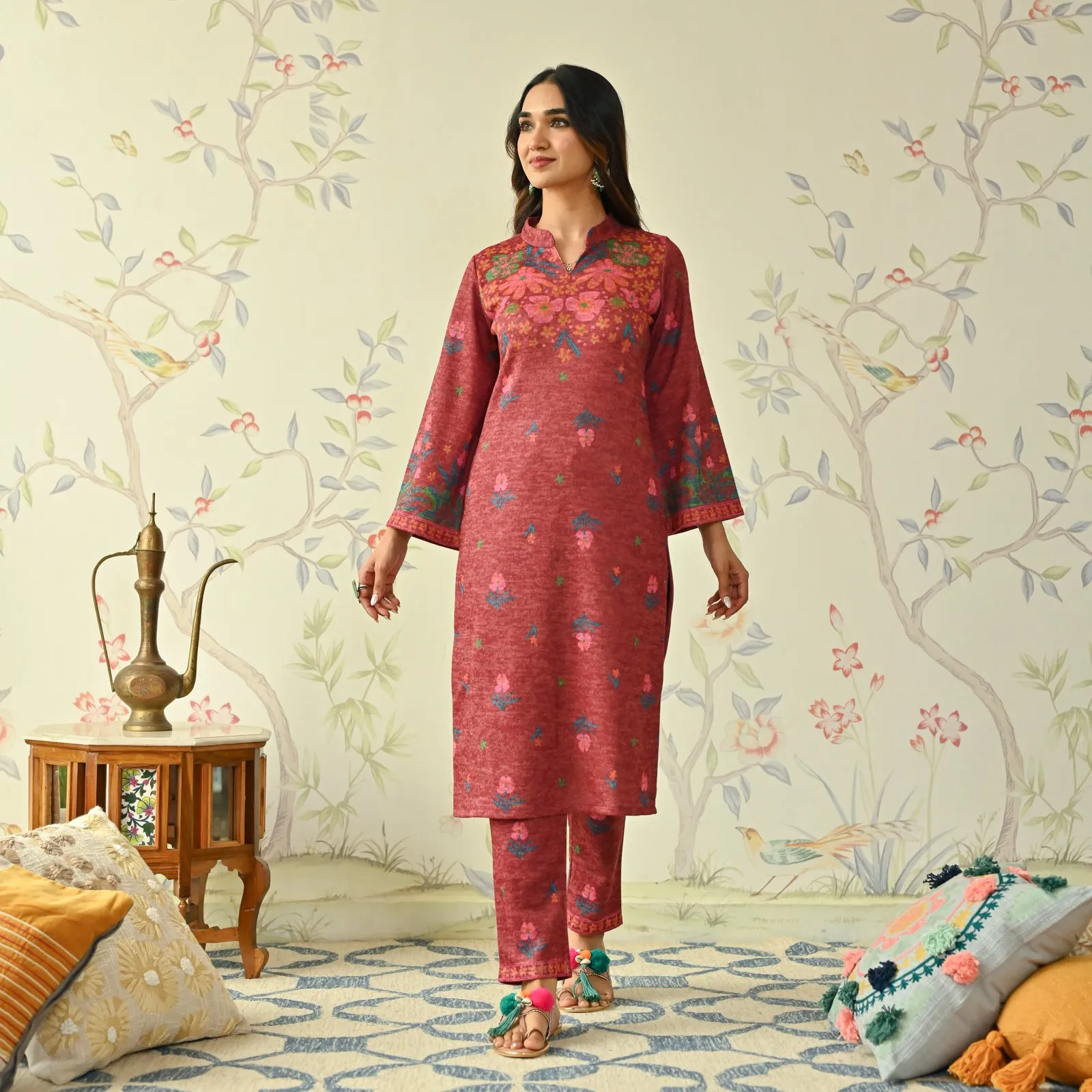 Maroon Floral Woollen Kurta Set with Bell Sleeves