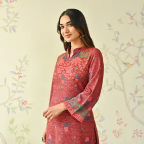 Maroon Floral Woollen Kurta with Bell Sleeves