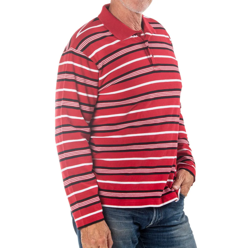 Men's Long Sleeve Red Striped Cotton Traders Polo Shirt