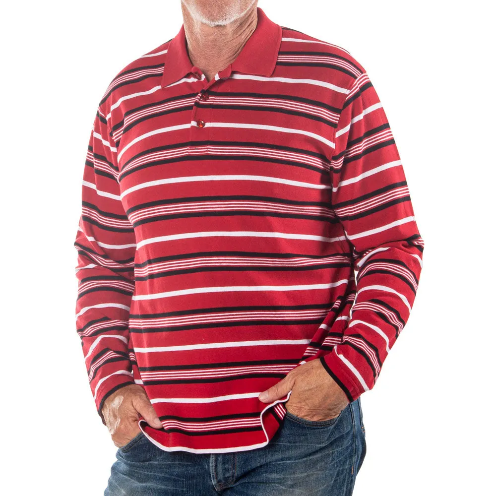 Men's Long Sleeve Red Striped Cotton Traders Polo Shirt