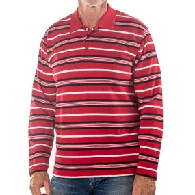 Men's Long Sleeve Red Striped Cotton Traders Polo Shirt