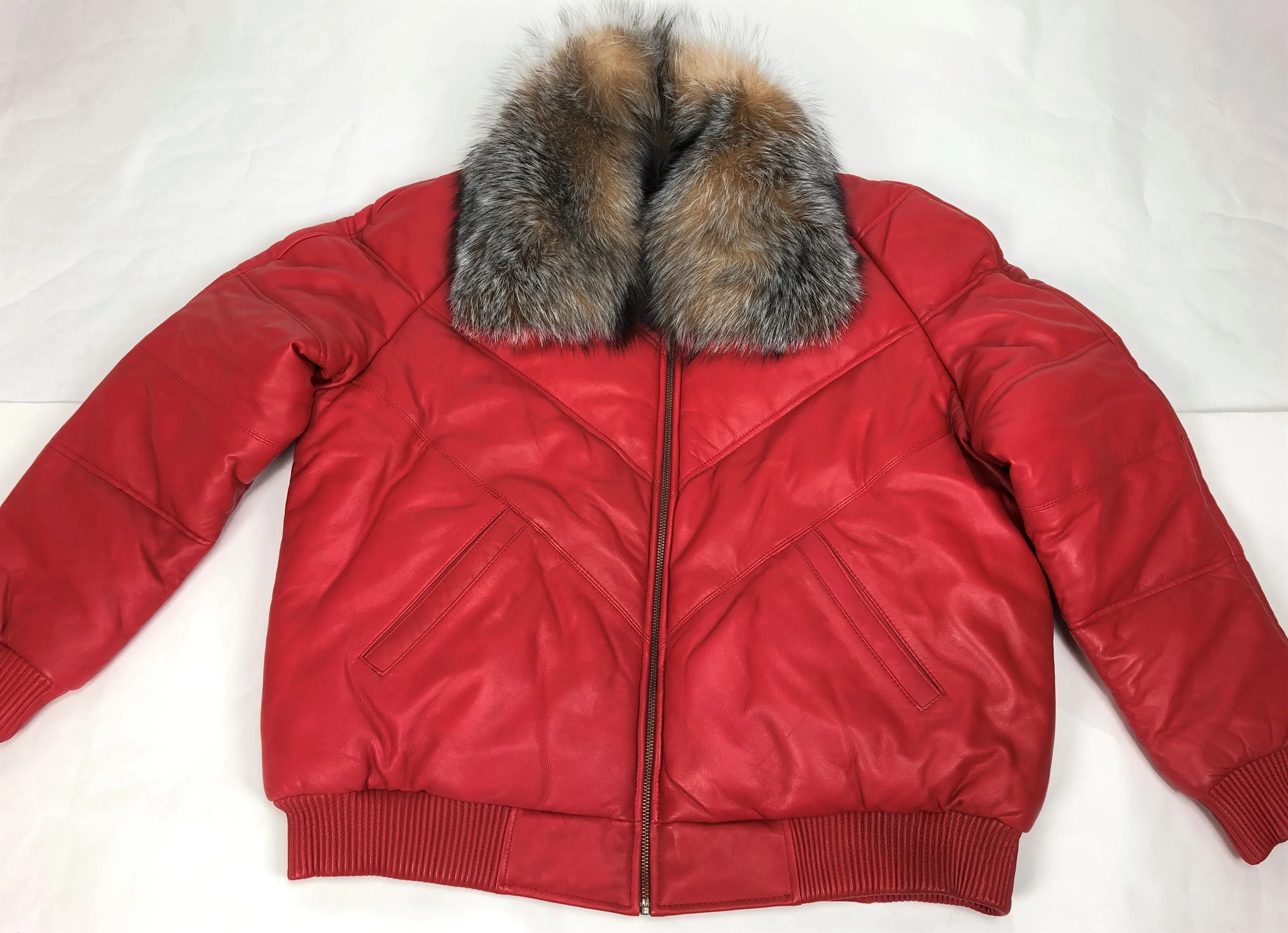 Men's V-Bomber Red Premium Crystal Fox Collar