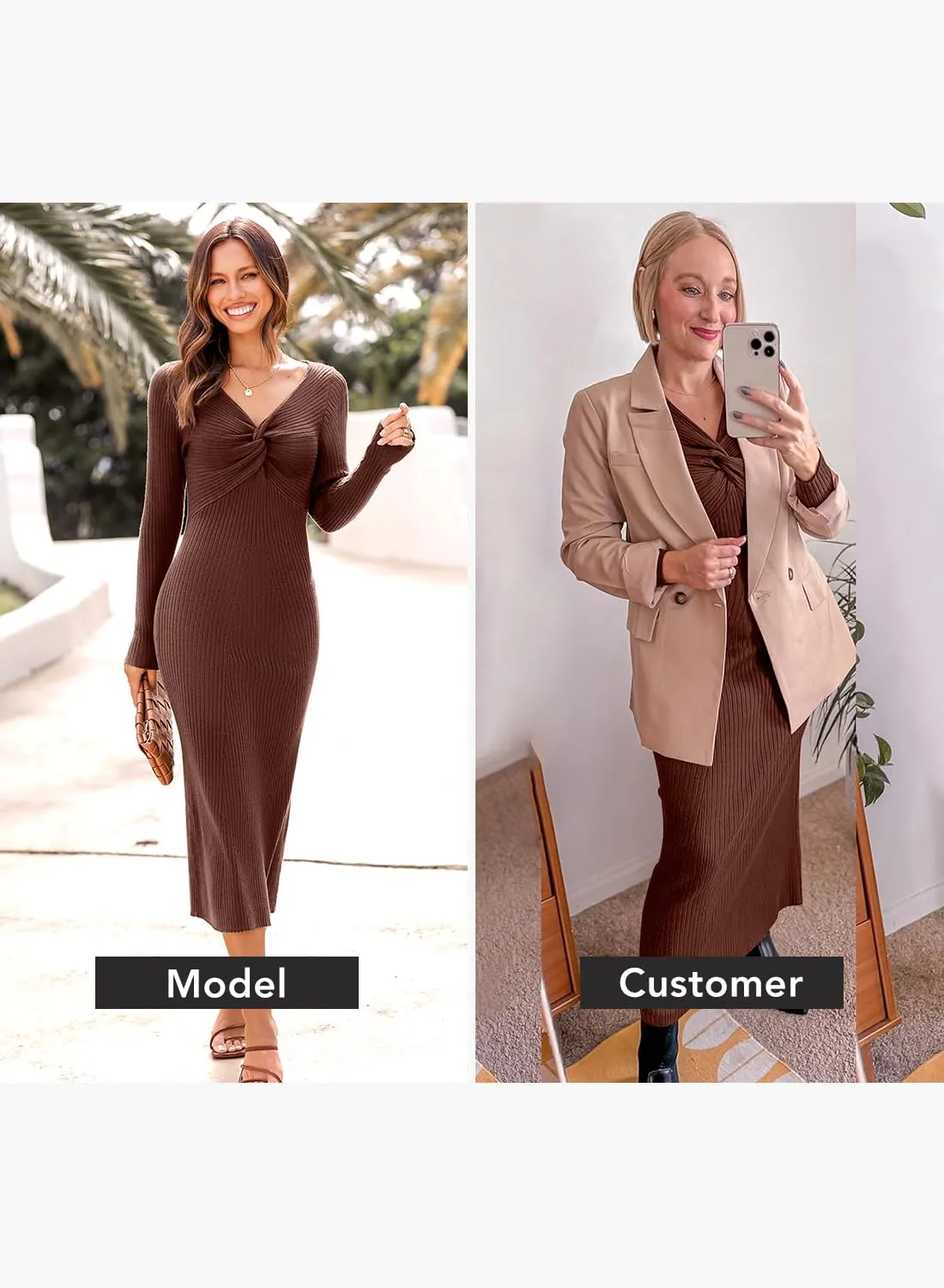 MIHOLL Womens Fall Sweater Dress 2024 Midi Long Sleeve V Neck Ribbed Knit Bodycon Date Cocktail Party Dresses Brown L