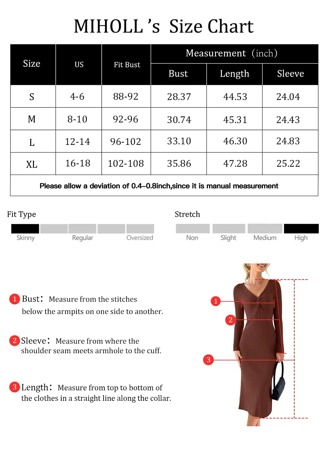 MIHOLL Womens Fall Sweater Dress 2024 Midi Long Sleeve V Neck Ribbed Knit Bodycon Date Cocktail Party Dresses Brown L