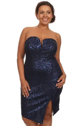 Navy Metallic Floral Strapless Sweatheart Plus Size Cocktail Dress U.S.A