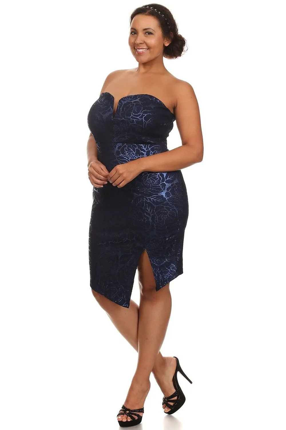 Navy Metallic Floral Strapless Sweatheart Plus Size Cocktail Dress U.S.A