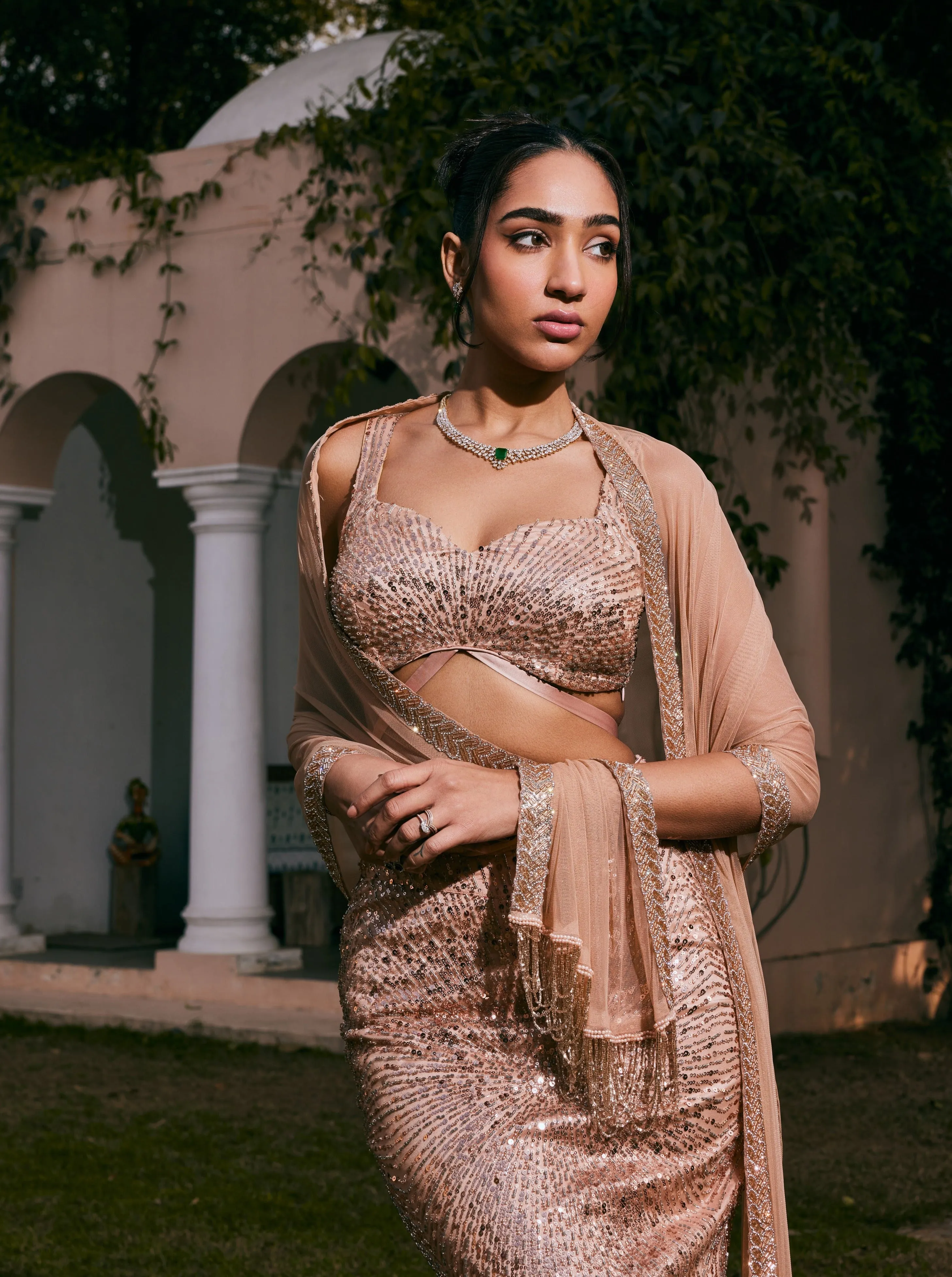 Nazia Rose Gold Hand-Embroidered Mermaid Lehenga Set