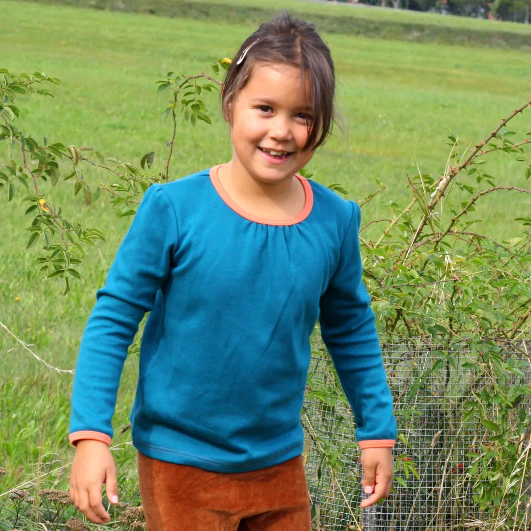 Organic girls longsleeve top "Jacquard Petrol|Apricot"