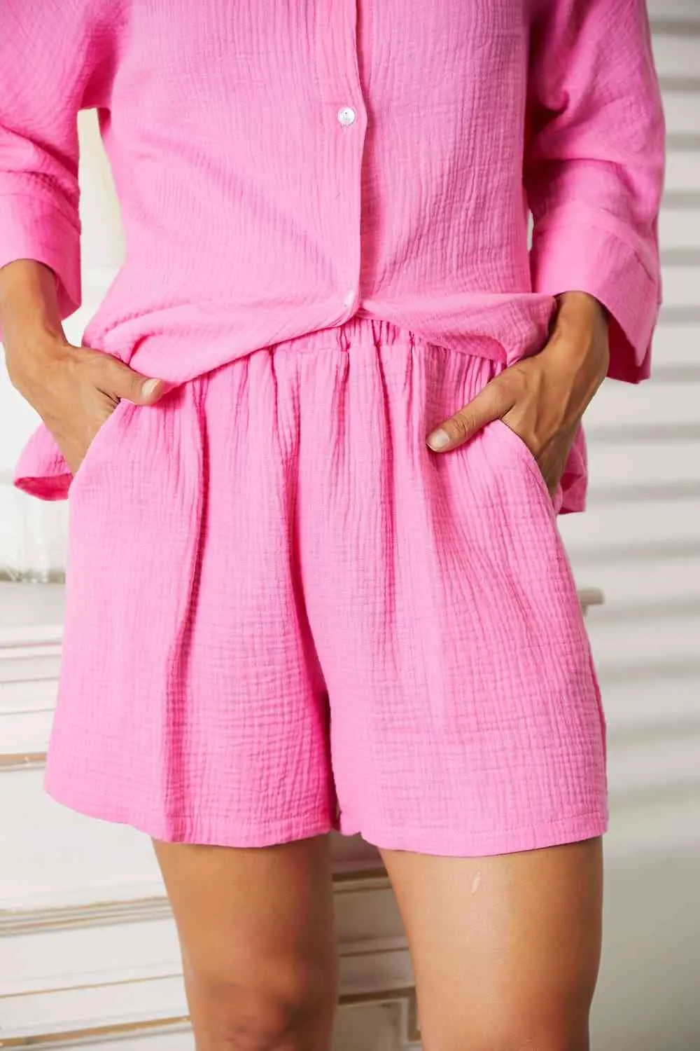 Pink Textured Shirt and Shorts Set