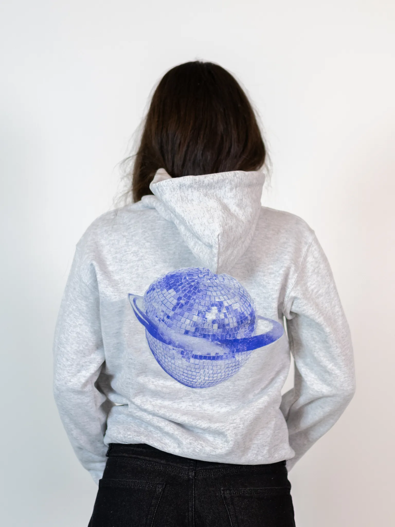 PLANET DISCO (blå) HOODIE (tryck på baksidan) - GRÅ