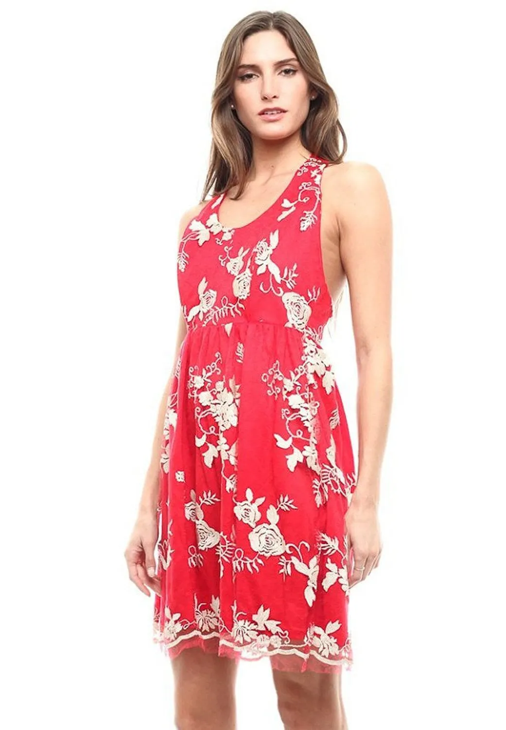 Red Floral Embroidered Open Back Mesh Sleeveless Cocktail Dress U.S.A.