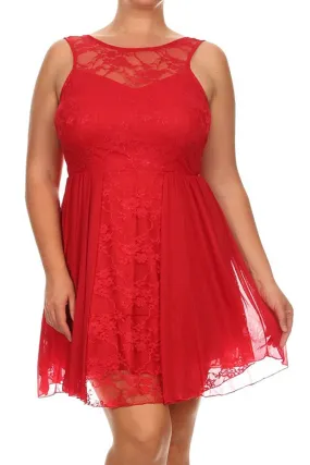 Red Floral Lace Pleated A-Line Cocktail Plus Dress U.S.A