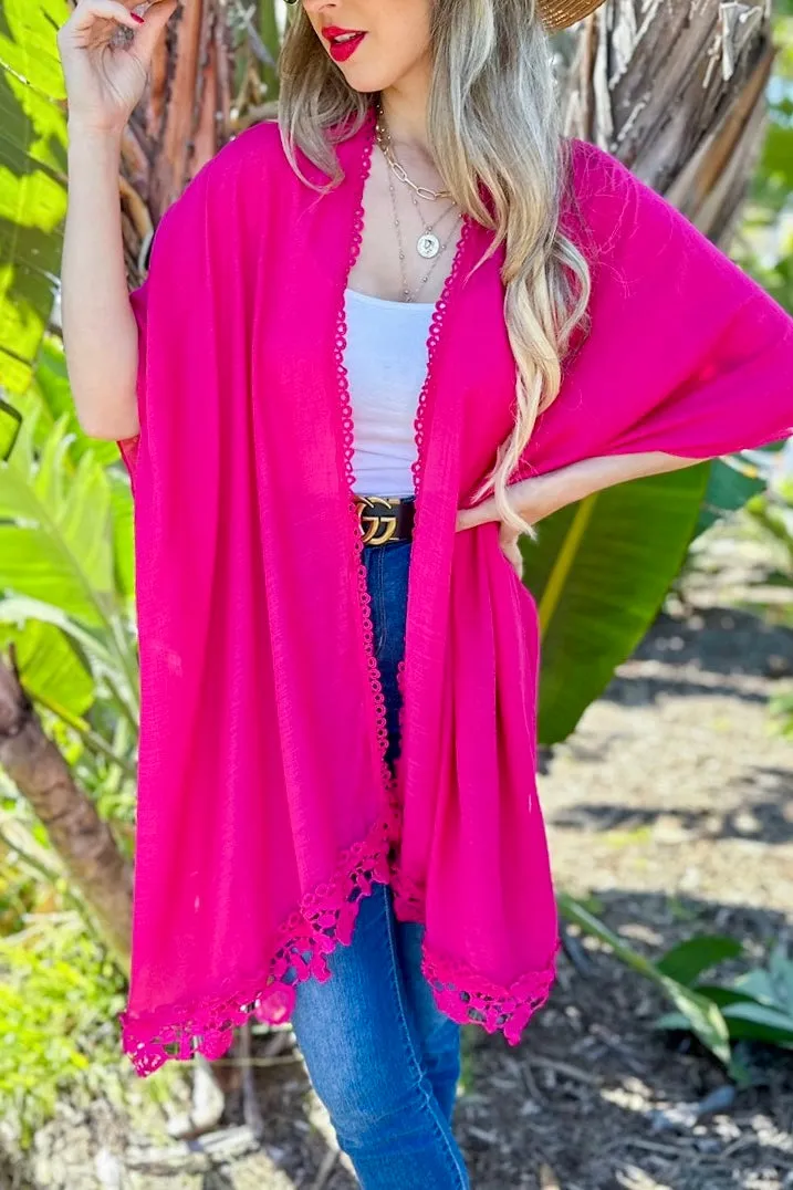 Solid Kimono with Lace Details- Fuchsia