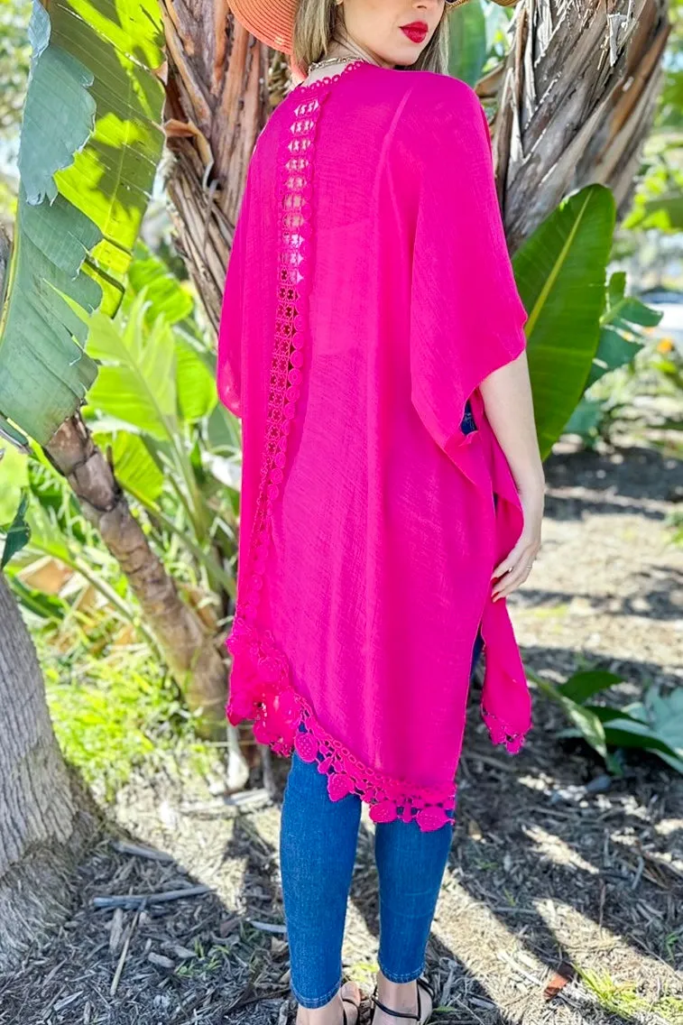 Solid Kimono with Lace Details- Fuchsia