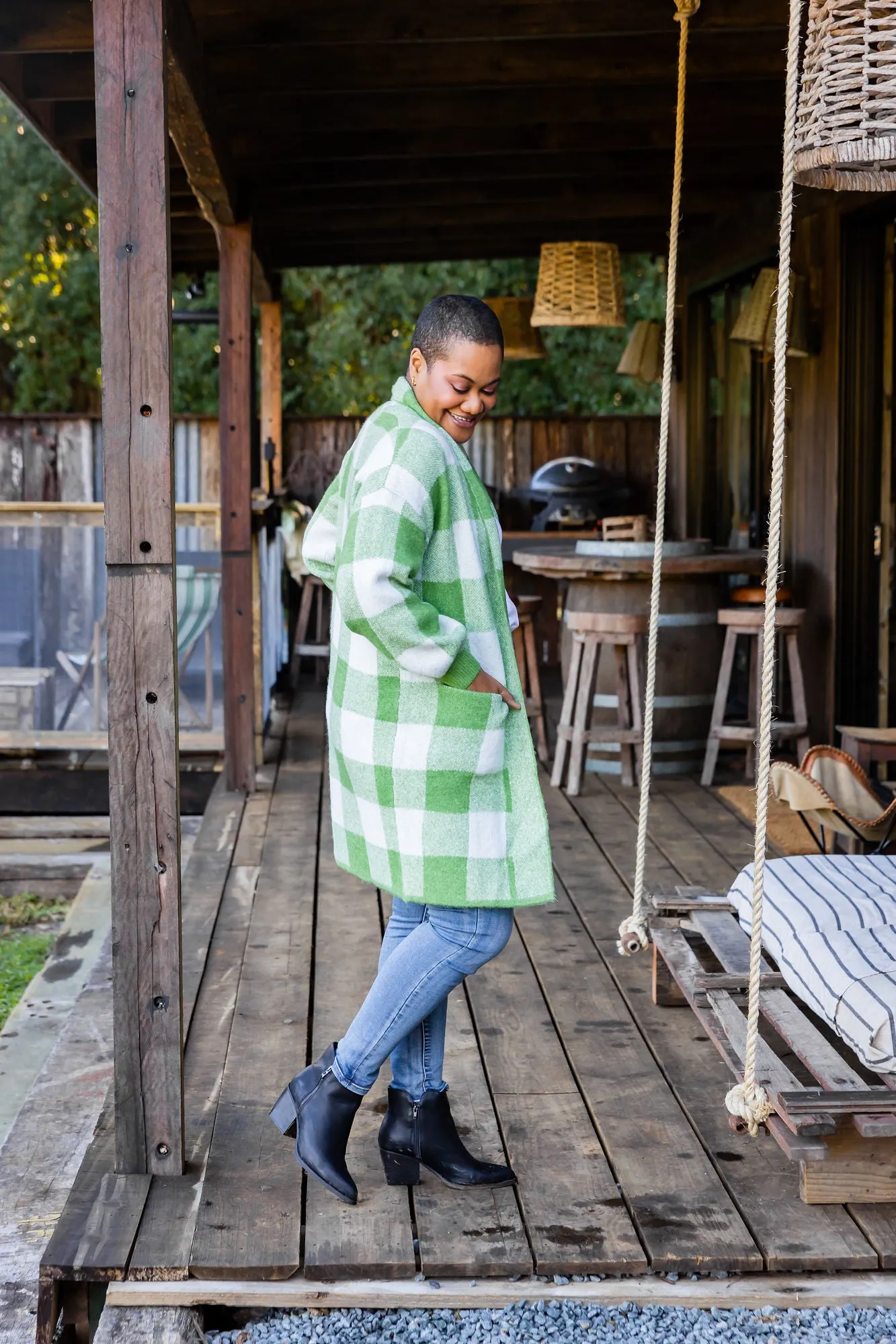 Stella Checkered Cardi in Apple Green