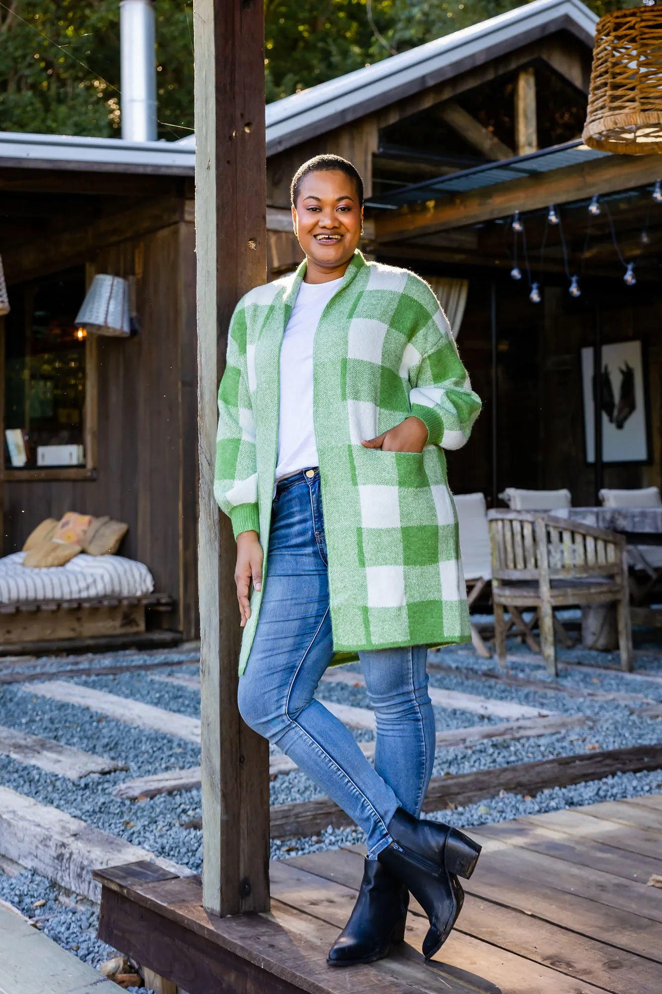 Stella Checkered Cardi in Apple Green