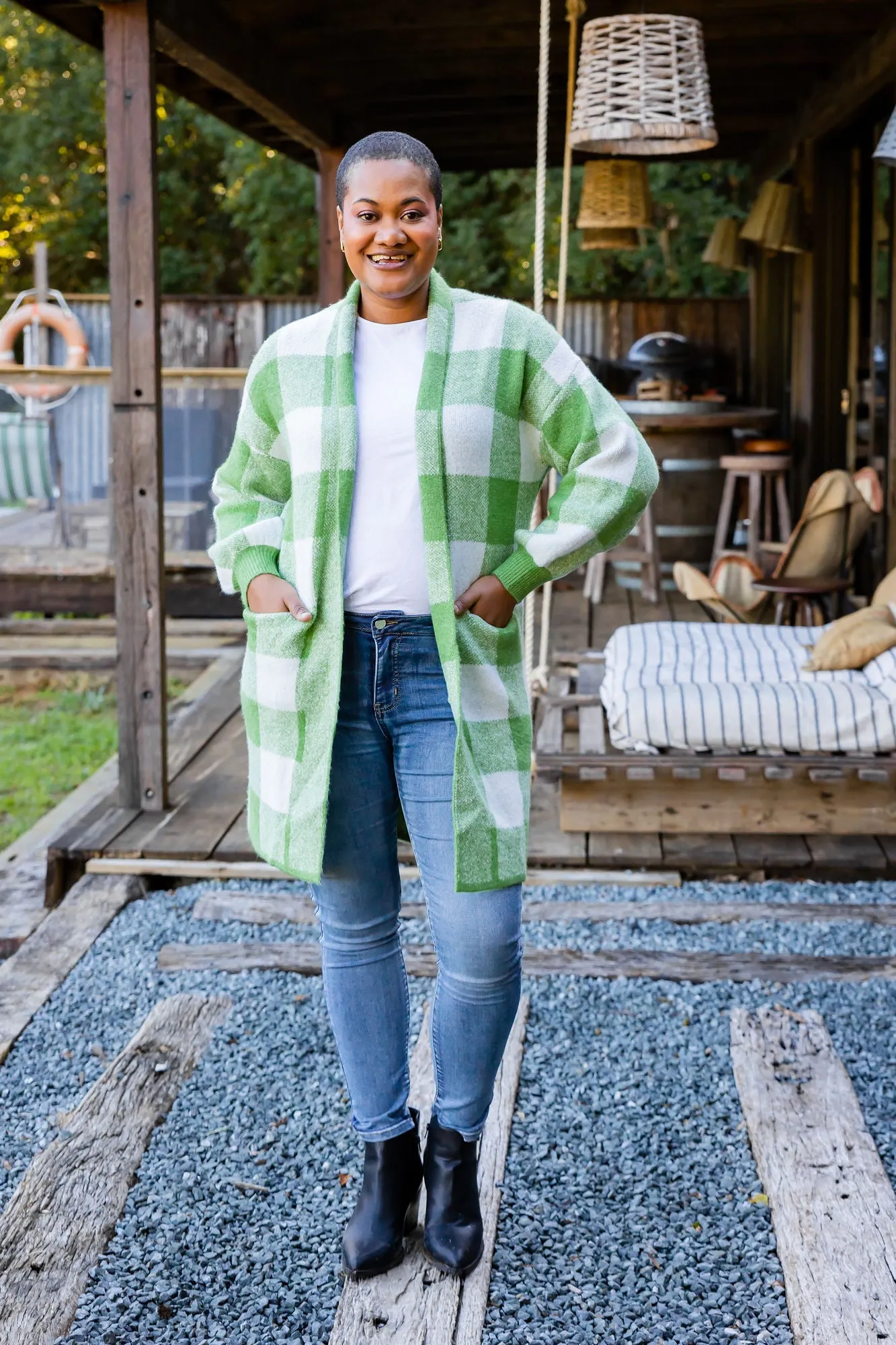 Stella Checkered Cardi in Apple Green