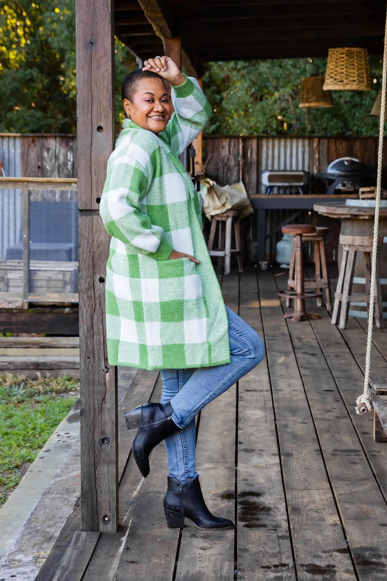 Stella Checkered Cardi in Apple Green