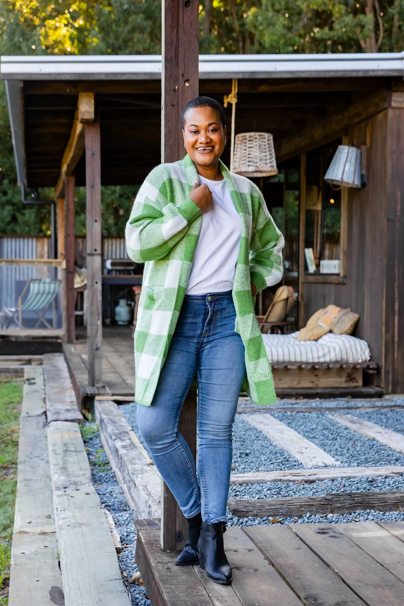 Stella Checkered Cardi in Apple Green