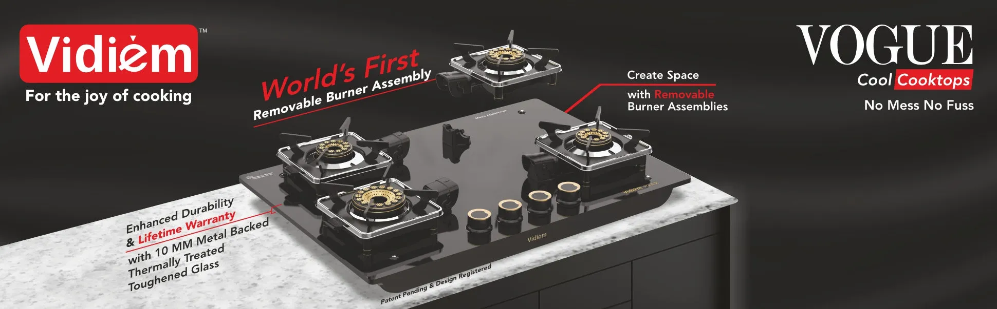 Vidiem VOGUE 4-Burner Gas Cooktop/Hob With Fully Removable Burner Assembly