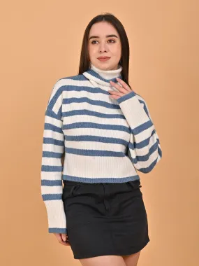 Women Blue Striped Loose Drop Shoulder Sweater