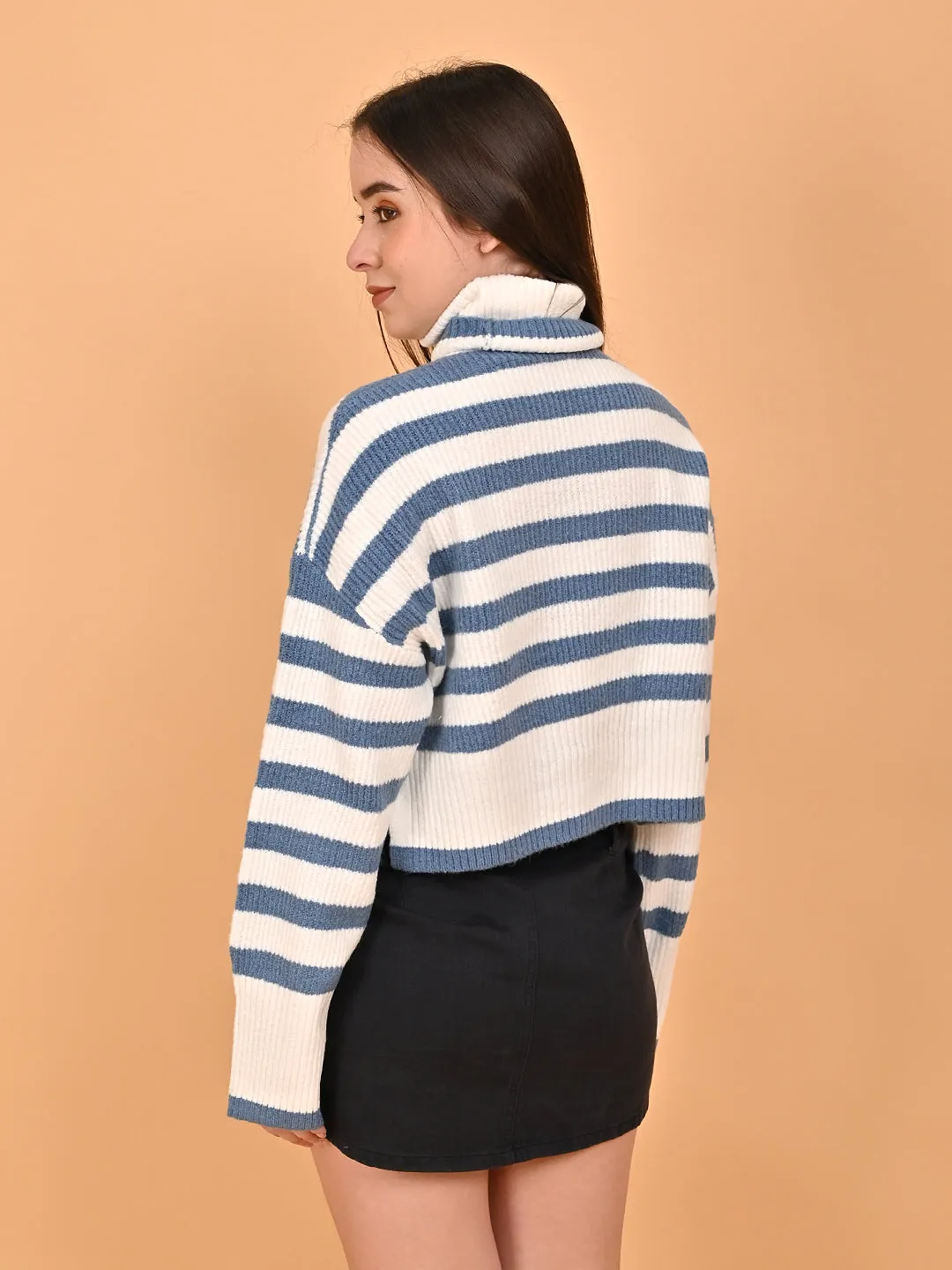 Women Blue Striped Loose Drop Shoulder Sweater