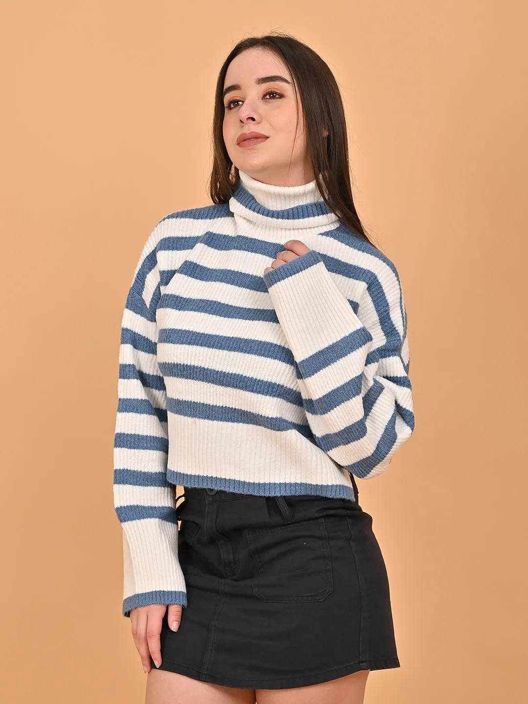 Women Blue Striped Loose Drop Shoulder Sweater