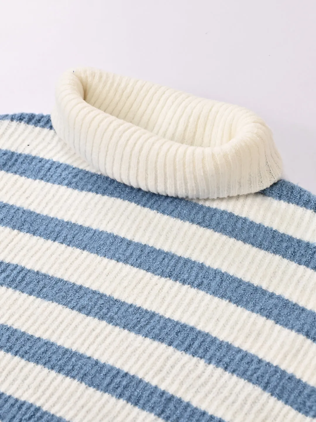 Women Blue Striped Loose Drop Shoulder Sweater