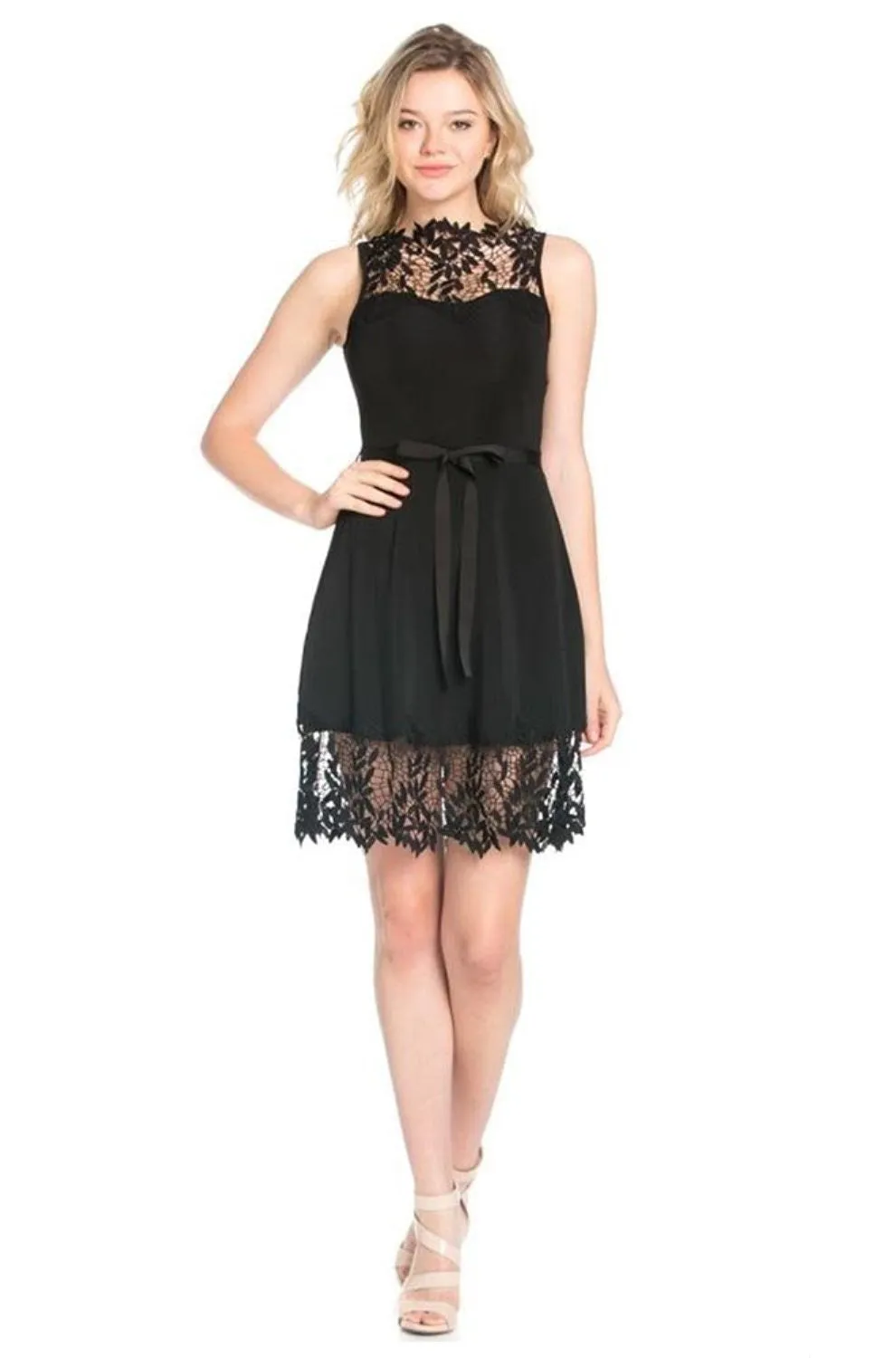 Womens Solid Black Scuba Crochet Evening Cocktail Dress