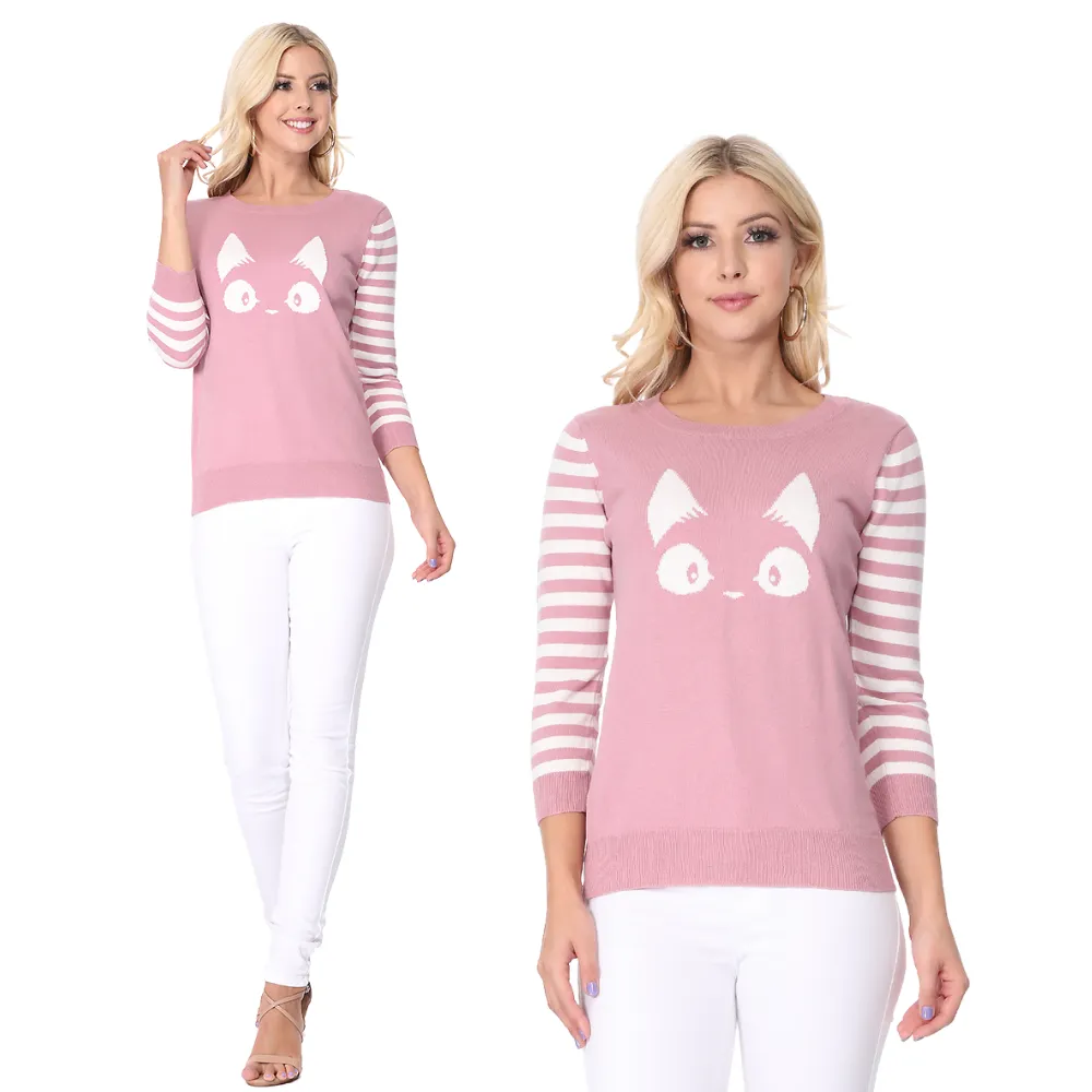 YEMAK Women's Kitty Cat Face 3/4 Sleeve Casual Crewneck Pullover Sweater MK3375 (S-L)