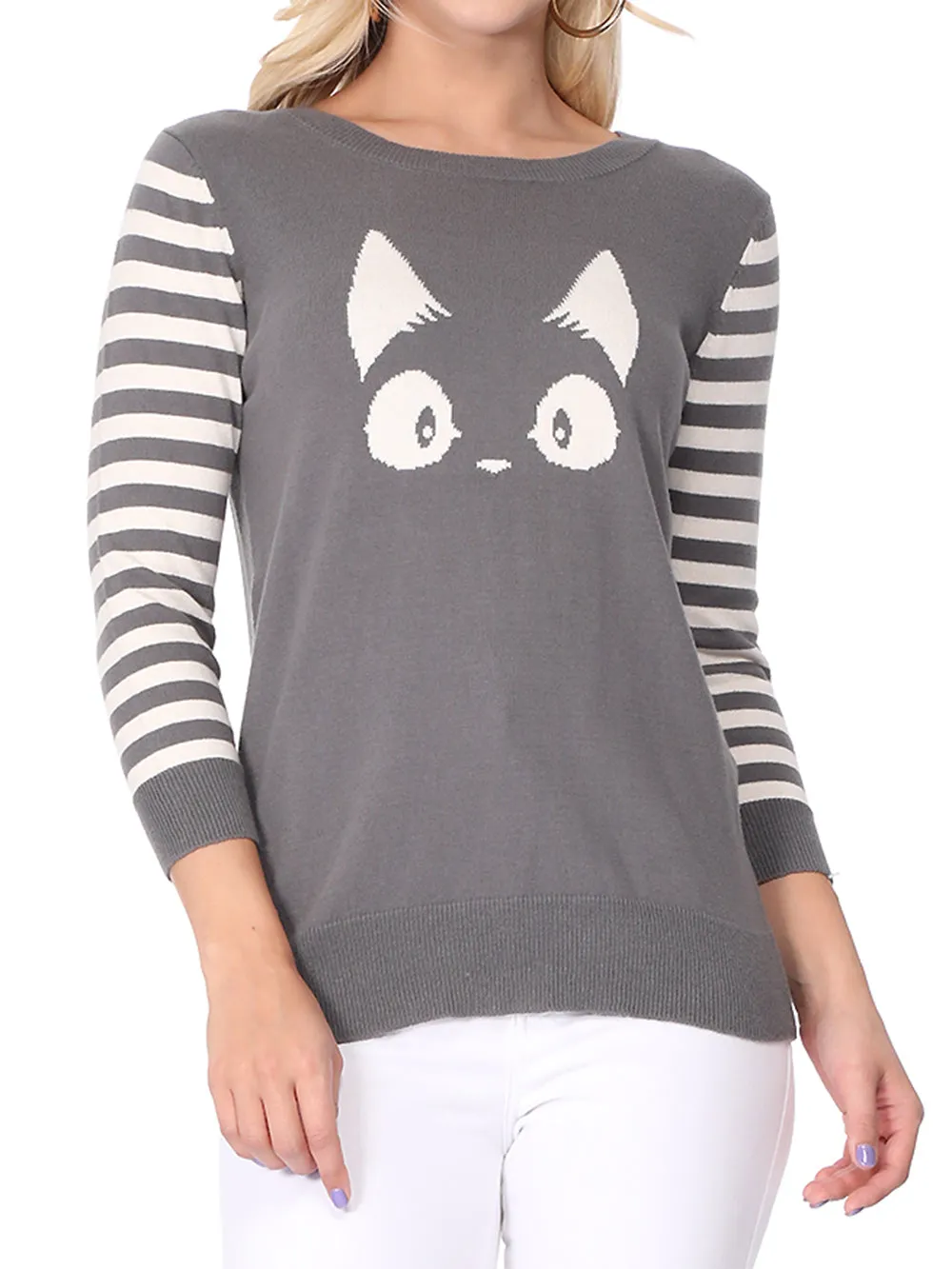 YEMAK Women's Kitty Cat Face 3/4 Sleeve Casual Crewneck Pullover Sweater MK3375 (S-L)