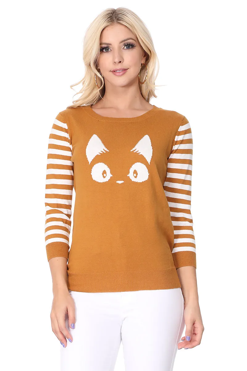 YEMAK Women's Kitty Cat Face 3/4 Sleeve Casual Crewneck Pullover Sweater MK3375 (S-L)