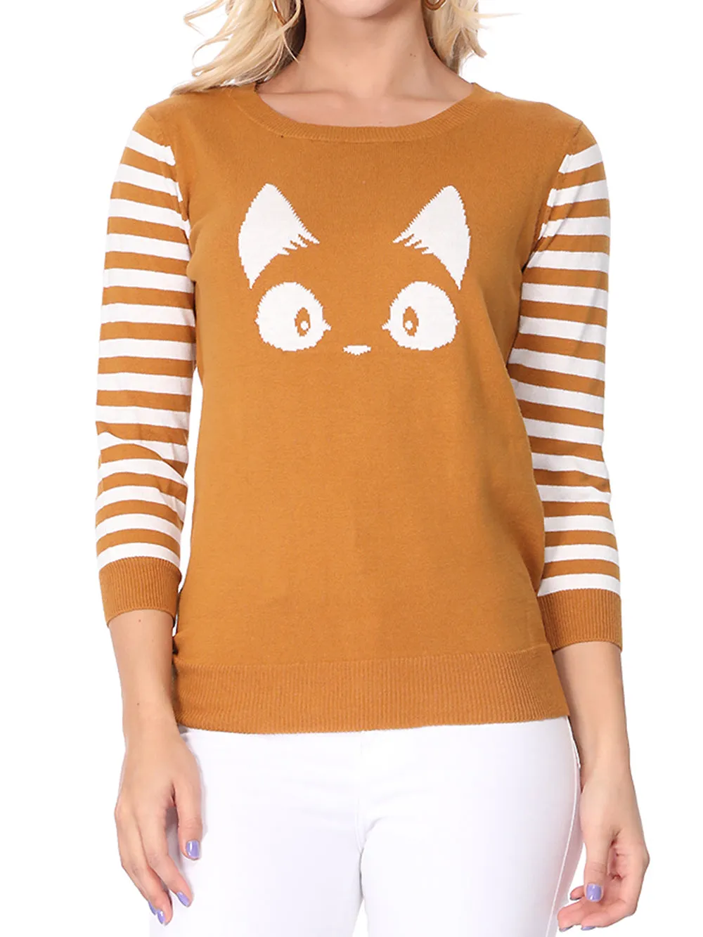 YEMAK Women's Kitty Cat Face 3/4 Sleeve Casual Crewneck Pullover Sweater MK3375 (S-L)